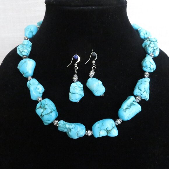 Vintage Turquoise Dyed Howlite Nugget Necklace Earring Set Silver Crystal Accent - Picture 14 of 16